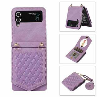 For Samsung Galaxy Z Flip4 5G Rhombic Texture RFID Phone Case with Lanyard & Mirror(Purple)
