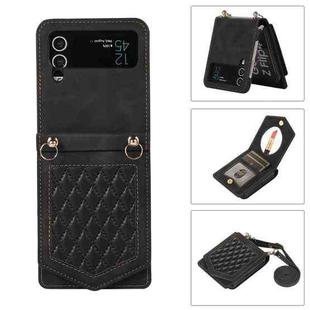 For Samsung Galaxy Z Flip4 5G Rhombic Texture RFID Phone Case with Lanyard & Mirror(Black)