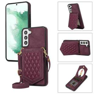 For Samsung Galaxy S22 5G Rhombic Texture RFID Phone Case with Lanyard & Mirror(Wine Red)