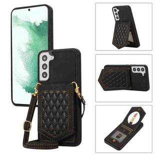 For Samsung Galaxy S21 5G Rhombic Texture RFID Phone Case with Lanyard & Mirror(Black)