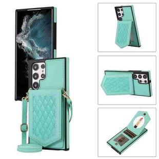 For Samsung Galaxy S22 Ultra 5G Rhombic Texture RFID Phone Case with Lanyard & Mirror(Mint Green)