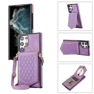 For Samsung Galaxy S22 Ultra 5G Rhombic Texture RFID Phone Case with Lanyard & Mirror(Purple)