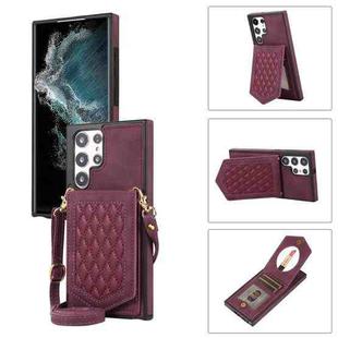 For Samsung Galaxy S22 Ultra 5G Rhombic Texture RFID Phone Case with Lanyard & Mirror(Wine Red)