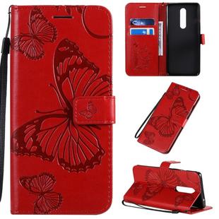 For OnePlus 8 3D Butterflies Embossing Pattern Horizontal Flip Leather Case with Holder & Card Slot & Wallet & Lanyard(Red)