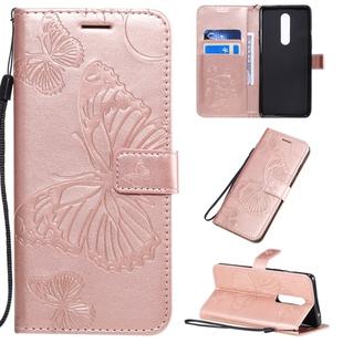 For OnePlus 8 3D Butterflies Embossing Pattern Horizontal Flip Leather Case with Holder & Card Slot & Wallet & Lanyard(Rose Gold)