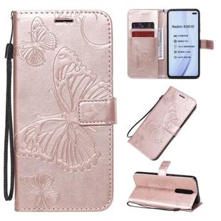 For Xiaomi Redmi K30 3D Butterflies Embossing Pattern Horizontal Flip Leather Case with Holder & Card Slot & Wallet & Lanyard(Rose Gold)