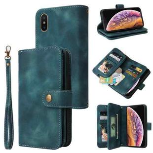 For iPhone XS / X Multifunctional Card Slot Zipper Wallet Leather Phone Case(Blue)
