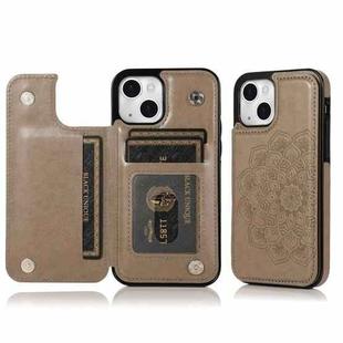 For iPhone 14 Double Buckle Mandala Leather Wallet Back Cover Phone Case(Brown)