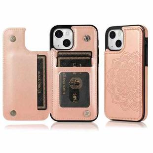 For iPhone 14 Plus Double Buckle Mandala Leather Wallet Back Cover Phone Case(Rose Gold)