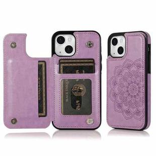 For iPhone 14 Plus Double Buckle Mandala Leather Wallet Back Cover Phone Case(Purple)