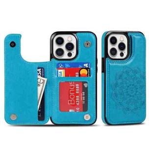 For iPhone 14 Pro Double Buckle Mandala Leather Wallet Back Cover Phone Case(Blue)