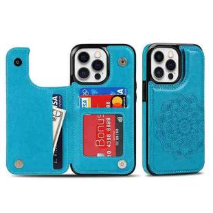 For iPhone 14 Pro Max Double Buckle Mandala Leather Wallet Back Cover Phone Case(Blue)