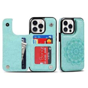 For iPhone 14 Pro Max Double Buckle Mandala Leather Wallet Back Cover Phone Case(Green)
