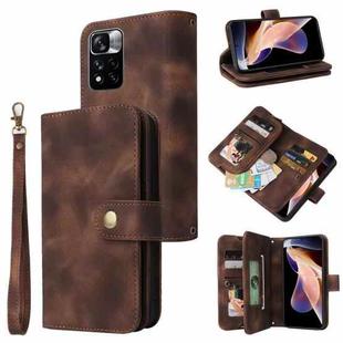 For Xiaomi Redmi Note 11 Global Multifunctional Card Slot Zipper Wallet Leather Phone Case(Brown)