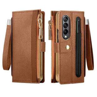 For Samsung Galaxy Z Fold4 Celebrity Series RFID Anti-theft Brush Phone Leather Case with Pen Slot(Brown)