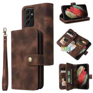 For Samsung Galaxy S21 Ultra 5G Multifunctional Card Slot Zipper Wallet Leather Phone Case(Brown)