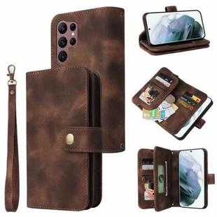 For Samsung Galaxy S22 Ultra 5G Multifunctional Card Slot Zipper Wallet Leather Phone Case(Brown)