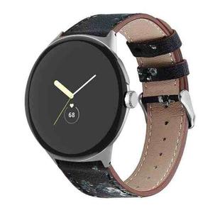 For Google Pixel Watch 1 / 2 / 3 41mm Round Tail Genuine Leather Watch Band(Black White Flower)