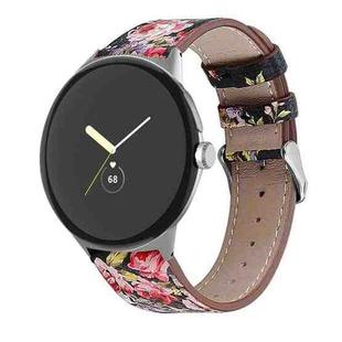 For Google Pixel Watch Round Tail Genuine Leather Watch Band(Black Pink Flower)