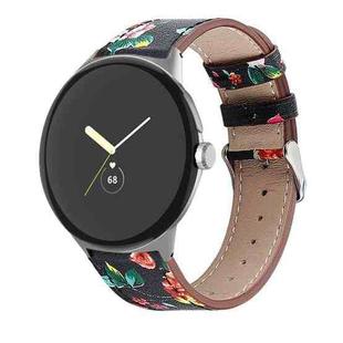 For Google Pixel Watch Round Tail Genuine Leather Watch Band(Black Red Flower)