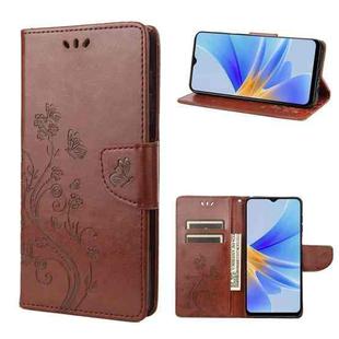 For OPPO A17 Butterfly Flower Pattern Leather Phone Case(Brown)