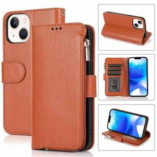 For iPhone 14 Plus Microfiber Zipper Leather Phone Case(Brown)