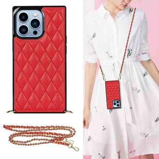 For iPhone 14 Pro Crossbody Rhombic Microfiber Leather Phone Case(Red)