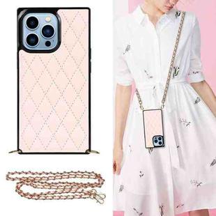 For iPhone 14 Pro Max Crossbody Rhombic Microfiber Leather Phone Case(Pink)