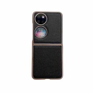 For Huawei P50 Pocket Nano Electroplating Cross Texture Genuine Leather Phone Case(Black)