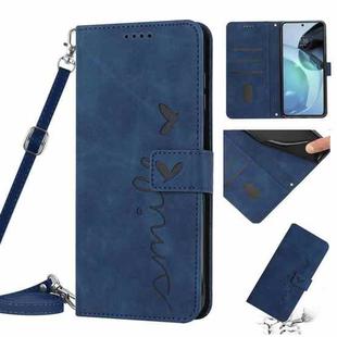 For Motorola Moto E22s 4G Skin Feel Heart Pattern Leather Phone Case with Lanyard(Blue)