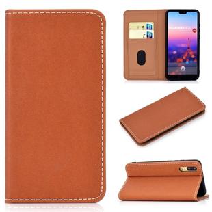 For Huawei P20 Lite Solid Color Frosted Magnetic Horizontal Flip Leather Case with Card Slots & Holder(Brown)