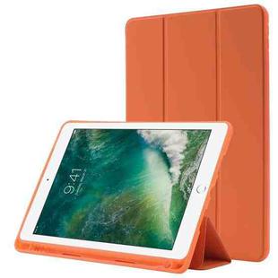 Skin Feel Pen Holder Tri-fold Tablet Leather Case For iPad 10.2 2019 / iPad 10.2 2020 / iPad Air 3 / iPad Pro 10.5(Orange)