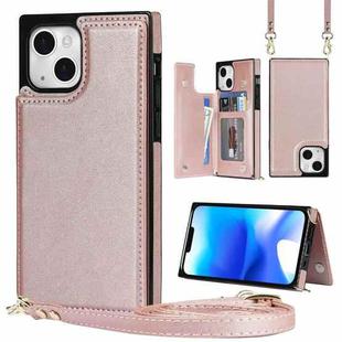 For iPhone 14 Plus Cross-body Square Dual-Buckle Card Flip Wallet Phone Case(Rose Gold)