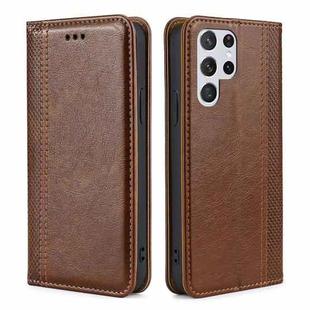 For Samsung Galaxy S23 Ultra 5G Grid Texture Magnetic Flip Leather Phone Case(Brown)