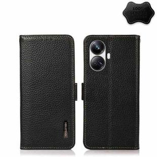 For Realme 10 Pro+ KHAZNEH Side-Magnetic Litchi Genuine Leather RFID Phone Case(Black)
