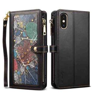 For iPhone XS / X ESEBLE Star Series Lanyard Zipper Wallet RFID Leather Case(Black)