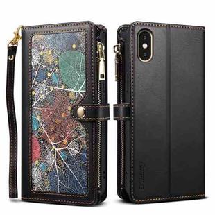 For iPhone XR ESEBLE Star Series Lanyard Zipper Wallet RFID Leather Case(Black)