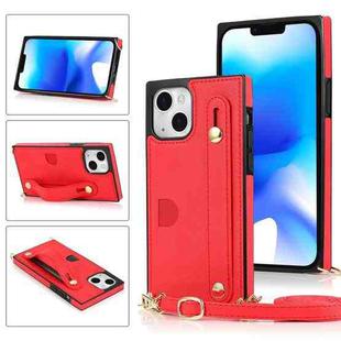 For iPhone 14 Crossbody Wrist Strap Card Holder Phone Case(Red)