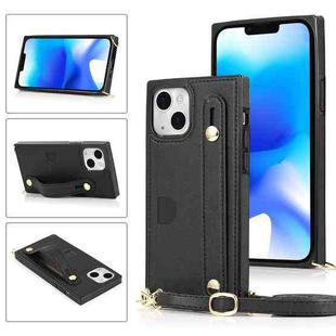 For iPhone 14 Plus Crossbody Wrist Strap Card Holder Phone Case(Black)