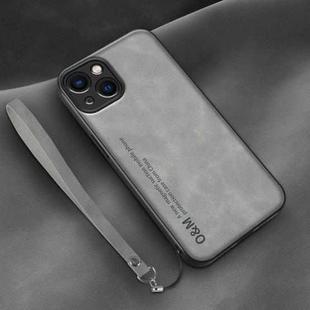 For iPhone 14 Lamba Skin Feel Leather Back Phone Case with Strap(Space Grey)