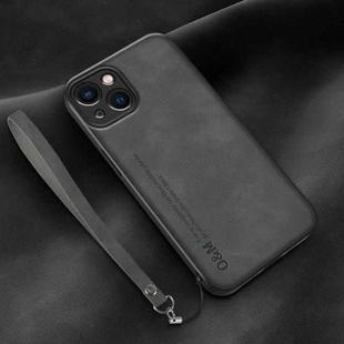 For iPhone 14 Plus Lamba Skin Feel Leather Back Phone Case with Strap(Dark Grey)
