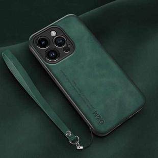 For iPhone 13 Pro Max Lamba Skin Feel Leather Back Phone Case with Strap(Deep Green)