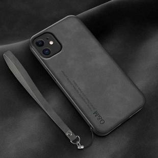 For iPhone 12 mini Lamba Skin Feel Leather Back Phone Case with Strap(Dark Grey)
