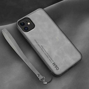 For iPhone 12 Lamba Skin Feel Leather Back Phone Case with Strap(Space Grey)