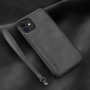 For iPhone 12 Lamba Skin Feel Leather Back Phone Case with Strap(Dark Grey)