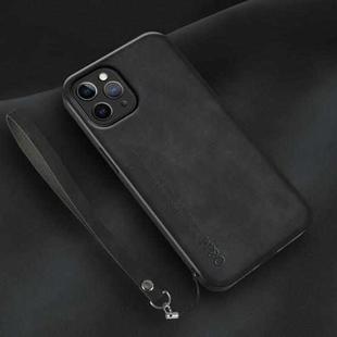 For iPhone 12 Pro Max Lamba Skin Feel Leather Back Phone Case with Strap(Black)