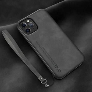 For iPhone 11 Pro Lamba Skin Feel Leather Back Phone Case with Strap(Dark Grey)