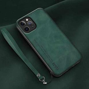 For iPhone 11 Pro Lamba Skin Feel Leather Back Phone Case with Strap(Deep Green)