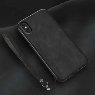 For iPhone X / XS Lamba Skin Feel Leather Back Phone Case with Strap(Black)