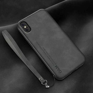 For iPhone X / XS Lamba Skin Feel Leather Back Phone Case with Strap(Dark Grey)